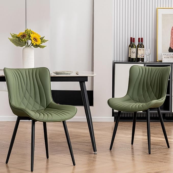 Kidol & Shellder Bean-Green Dining Chairs Set of 2,Upholstered Mid Century Modern Kitchen&Dining Room Chair with Back,Ergonomic Armless Vanity&Living Room Chair with Metal Legs