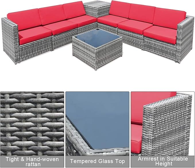 HAPPYGRILL 8 Piece Patio Furniture Set Outdoor PE Rattan Conversation Set with Storage Box, Sectional Wicker Sofa Set with Coffee Table and Cushions for Garden Backyard
