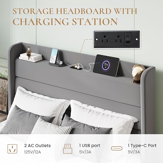 SHA CERLIN Full Size Bed Frame with Charging Station, Velvet Upholstered Platform Bed, Wingback Storage Headboard, Type-C & USB Ports, Strong Wooden Slats, No Box Spring Needed, Easy Assembly, Grey