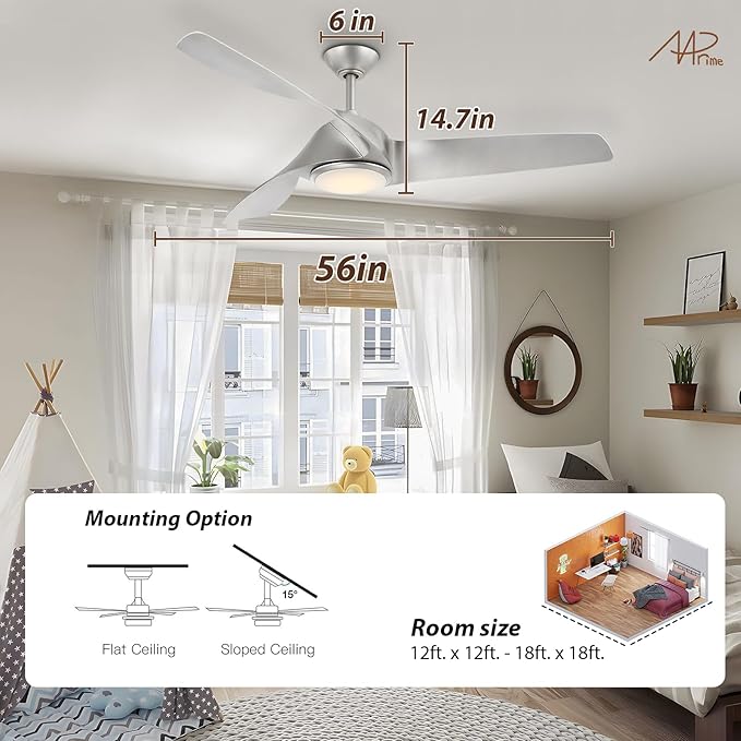 56 Inch Ceiling Fan With Lights, Led Indoor Ceiling Fan With Lights and Remote Control, Reversible Dc Motor, Suitable For Bedrooms, Living Rooms, Silver Propeller Blade Ceiling Fans
