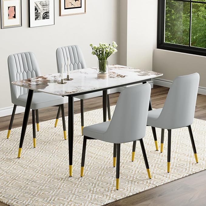 Small Dining Table Set for 4，50'' Sintered Stone Dining Table with 4 Chairs, Easy to Assemble，Suitable for Small Spaces