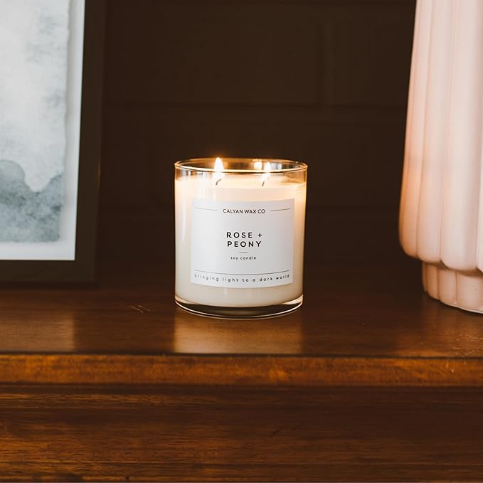 Calyan Wax Co. Rose & Peony 2 Wick Scented Candle - 37 Hour Burn - Luxury Non Toxic Soy Wax Candles - Long Lasting Large Glass Jar Candle for Home - 8.8oz
