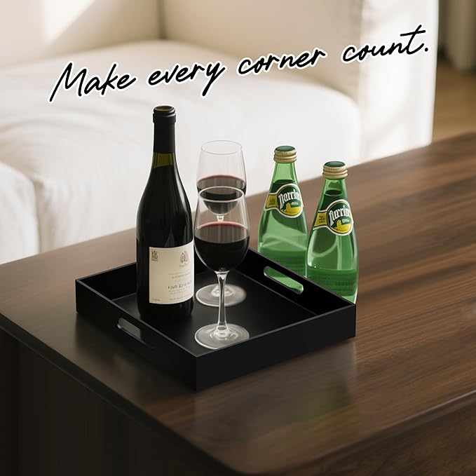 Glossy Black Acrylic Serving Tray with Handles-Butler Trays for Coffee Table, Snacks,Breakfast in Bed, Kitchen Countertop,Vanity,Makeup Organizer,Ottoman (Black, 12x12 Inches)