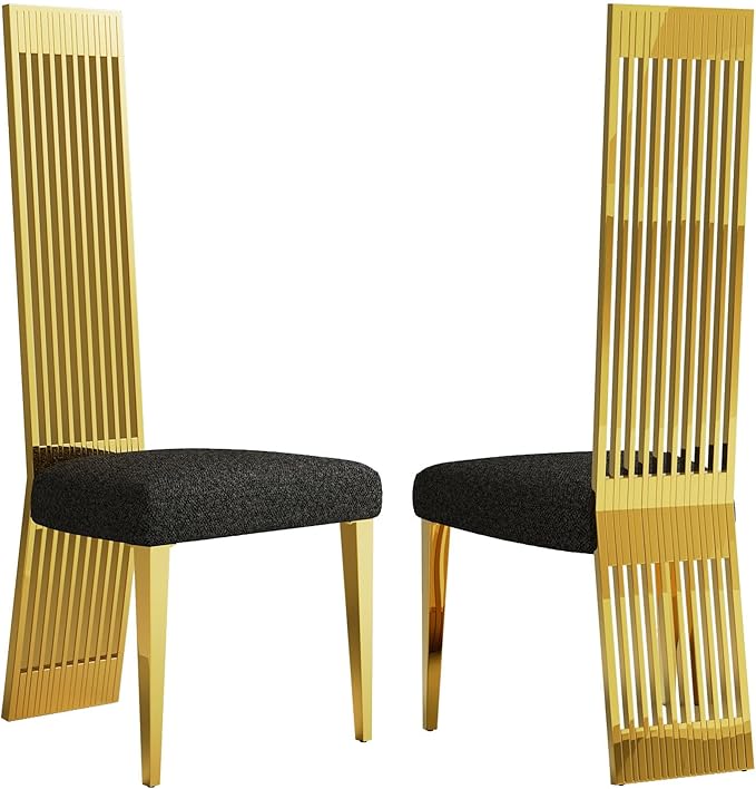 Dining Chairs Set of 2, Black and Gold Dining Room Chairs, Upholstered Dining Chairs with Polished Metal Legs and High Back
