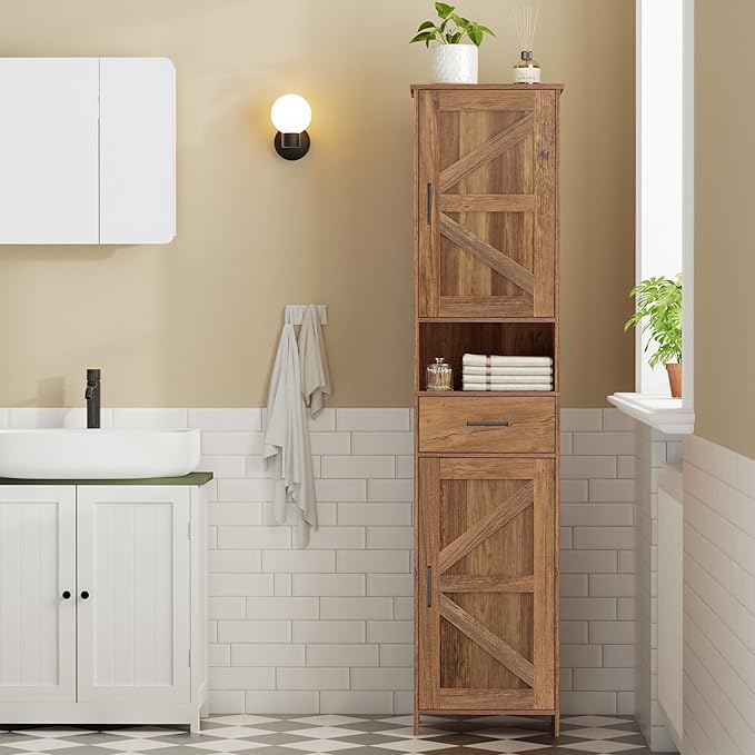 Homhedy 67" H Tall Bathroom Storage Cabinet with 2 Barn Doors and 1 Drawer, Narrow Storage Unit, Adjustable Shelves, Floor Cabinet for Bathroom, Living Room, Entryway, Kitchen, Rustic Walnut, (15.7"W)