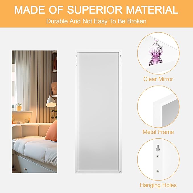 Hasipu Door Mirror Full Length, 44"x 16" Full Body Over The Door Hanging Wall Mounted Mirror for Bedroom, Living Room, Cloakroom, Square White
