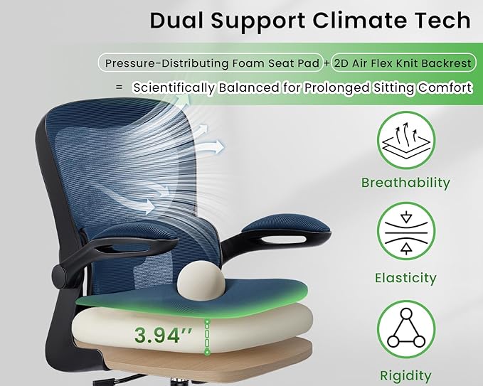 Ergonomic Office Chair, Comfy Desk Chair with Adjustable Lumbar Support, Mesh Computer Chair with Wheels, Flip-up Armrests, Swivel Rolling Executive Chair for Home Office, Gaming, Navy Blue