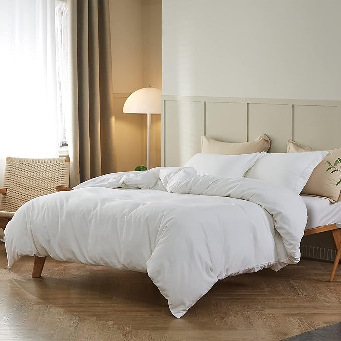 Simple&Opulence French Linen Duvet Cover Set 88" x 92"- 5 Pieces (1 Comforter Cover,4 Pillowcases)- Natural Flax Cotton Blend-Solid Color Breathable Farmhouse Bedding-Off White, Queen