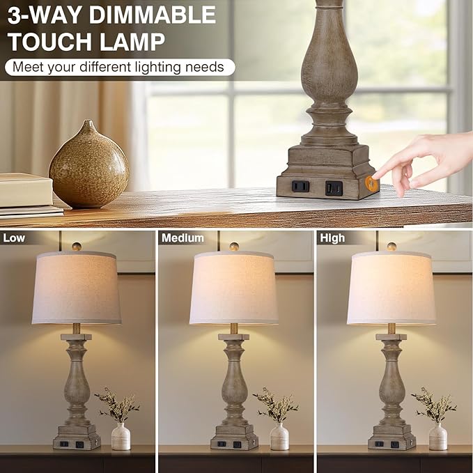 28" Tall Farmhouse Table Lamp with USB C+A Ports and AC Outlet, 3 Way Touch Control Rustic Bedside Lamp for Bedroom, Brown Vintage Nightstand Lamp for Living Room Office