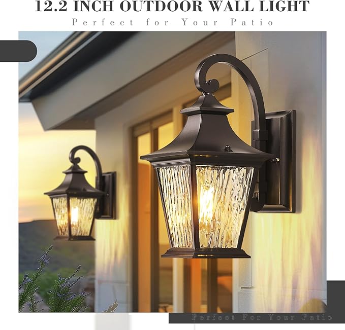 Emliviar 2 Pack Outdoor Wall Lights, Exterior Wall Lantern Sconce for Garage Patio, Oil Rubbed Bronze Finish with Water Ripple Glass, XE219B-2PK ORB
