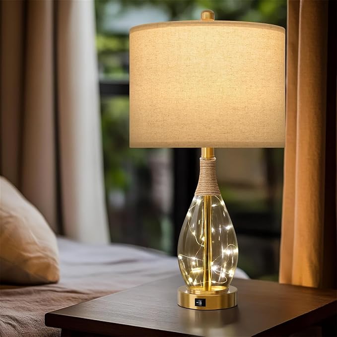OYEARS 23" Table Lamps for Living Room Set of 2 Bedside Lamps for Night Stands Bedroom Lamps Farmhouse Rattan Boho Lamp Glass Nightlight End Table Lamp with USB C+A (Gold),Two Light Points