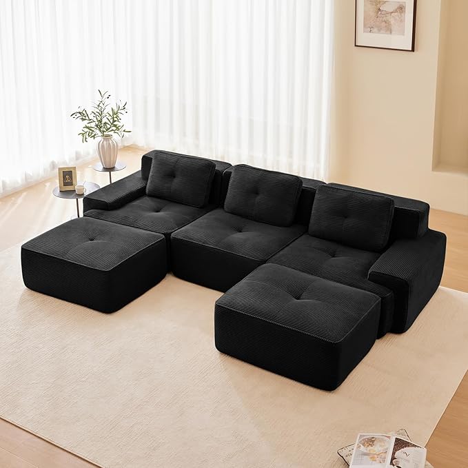 Black Ottoman for Modular Sectional Sofa, Corduroy Deep Seat for Oversized Compressed Boneless Sectional Couches for Living Room Bedroom Apartment, Cloud Sofa Couch Set, Memory Foam, No Assembly