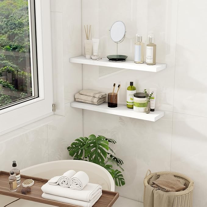 Fun Memories Floating Shelves for Wall, 27.5" Rustic Wood Deep Wall Mounted Shelves with Invisible Brackets for Decor & Storage, Floating Shelf for Living Room, Bathroom (White, Set of 2)