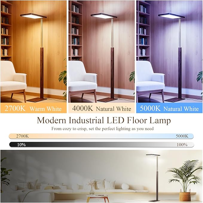 STERREN Modern Vintage Industrial LED Floor Lamp, Eye-Care Height Adjustable Free-Standing Lamps, Full Spectrum Light for Reading, Office, Meeting Room, 2700-5000K, Black Walnut Wood Finish