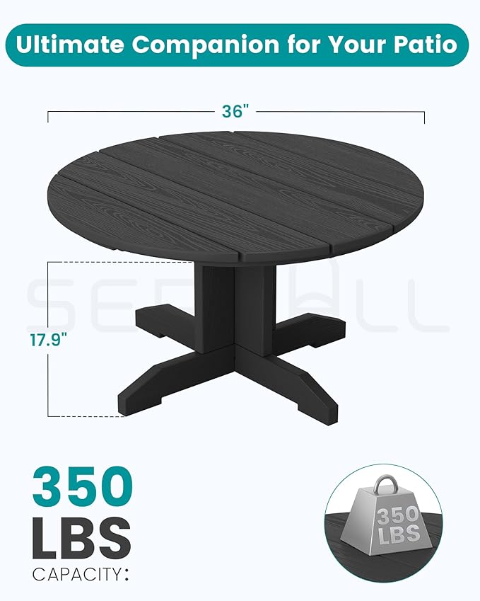 SERWALL 36'' Round Outdoor Coffee Table - HDPE Weatherproof Patio Table for Balcony, Garden, Backyard (Black)