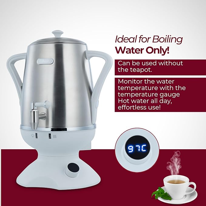 ETHNIQ - Electric Samovar | 4L Stainless Steel Turkish Tea Maker | Adjustable Temperature Controller | Boil Dry & Auto Shot-off | White