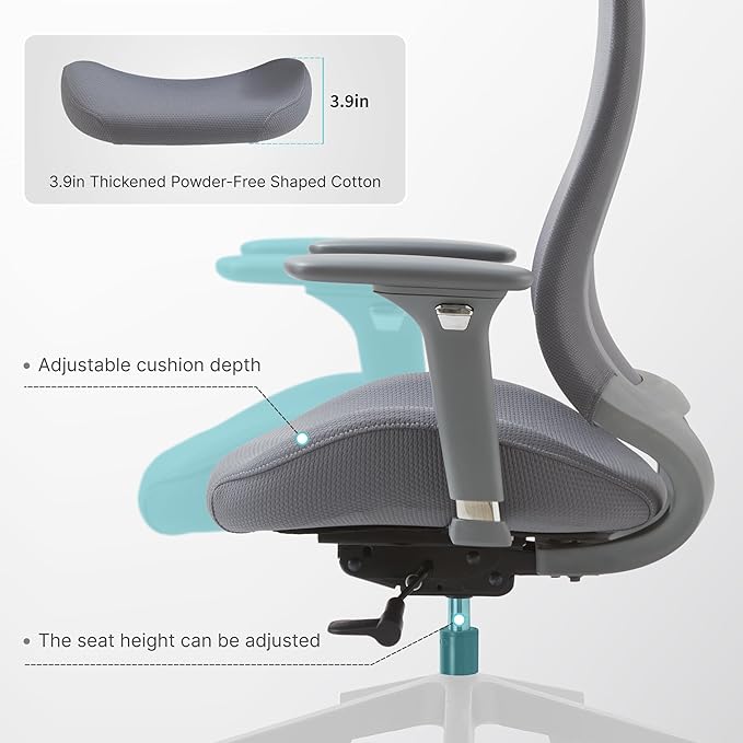 Ergonomic Mesh Office Chair with S-Shaped Backrest, 4D Adjustable Armrests, Sliding Seat Depth, Fixed Headrest, Dual-Layer Mesh, 130° Recline, SGS Class 3 Gas Lift, 300 lbs Capacity