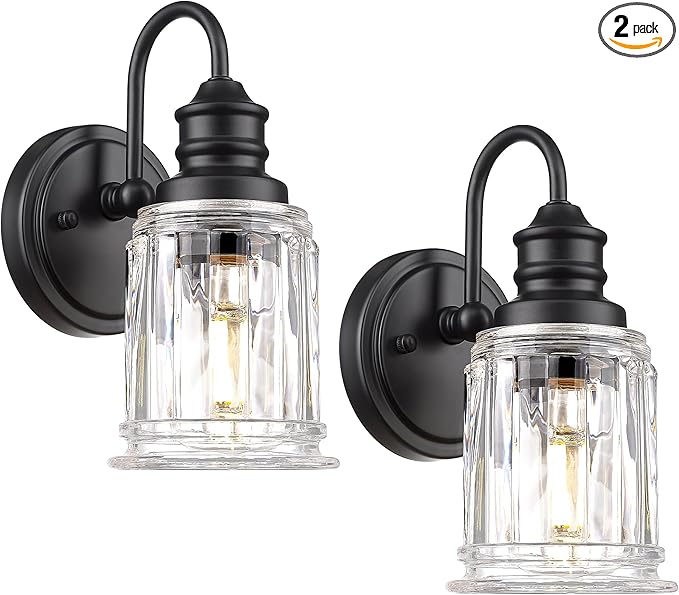HWH Wall Sconces Set of 2, 1-Light Matte Black Bathroom Light Fixtures, Modern Single Vanity Light Wall Lamp with Bell-Shaped Clear Glass, 5HZG106B-2 BK