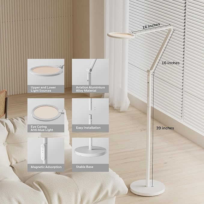 Honeywell LED Floor Lamp - F01WT Sunturalux™ Eye Caring Dimmable Standing Light with Remote,Bright Natural Daylight 5 Colors & 5 Brightness Adjustable Tall Lampara for Home Office Living Room Bedroom