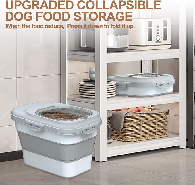 Dog Food Storage Container Small, 10-13lbs Collapsible Dog Cat Food Containers with Airtight Clear Flip-top and Pet Food Scoop, Pet Food Storage Container Bin for Dog Cat Bird Other Pets Grey