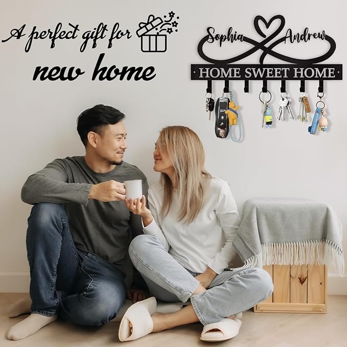 Personalized Custom Couple's Name Metal Key Holder - Love Shape Key Hooks for Wall, Housewarming Wedding Gifts, Bedroom Entryway