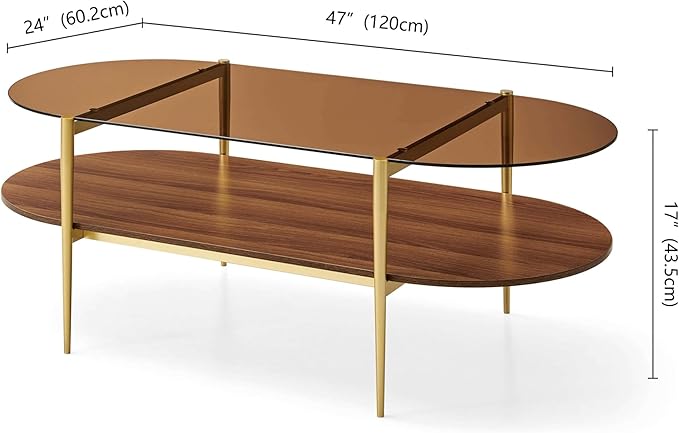 X-Large Oval Glass Coffee Table, Mid-Century Modern Design, L47 x W24 x H17 inch, for Living Room, Amber Glass Top and Walnut Finish Wood Shelf, Conical Legs with Gold Finish Frame