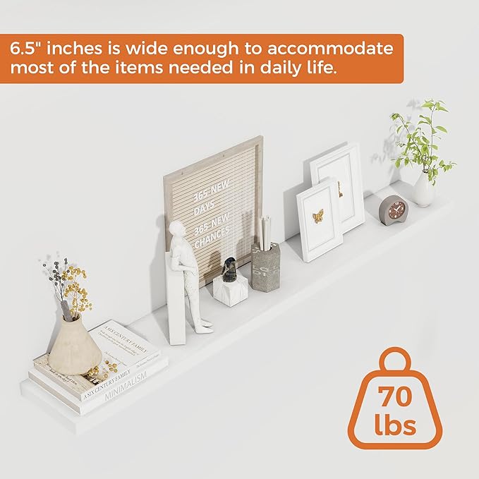 Fun Memories White Floating Shelves for Wall, 48 Inch Floating Shelves for Home Decor, Wall Mounted Rustic Wood Shelves, Bathroom, Hanging Deep Shelf for Bedroom, Living Room, Kitchen, 2 Packs