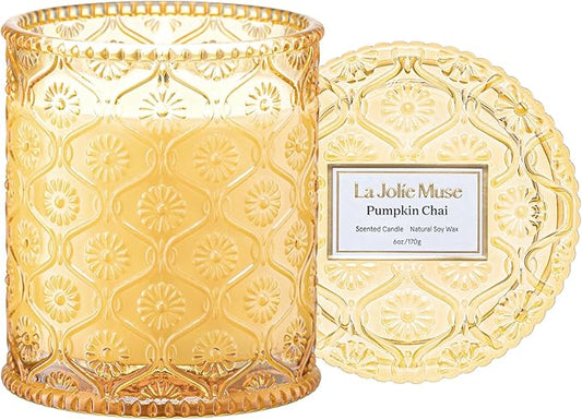 LA JOLIE MUSE Pumpkin Chai Candle – Pumpkin, Spicy Chai & Vanilla Scent | 6 oz Natural Soy Wax | 40 Hours Clean Burn | Housewarming Gift | Seasonal Home Décor
