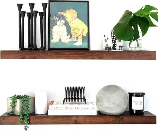 Homeforia 30inch Walnut Floating Shelves for Wall Mounted, High End Solid Real Wood 30 in Floating Shelf, Dark Brown Wooden 30 inch Long Floating Shelves, Heavy Duty Bracket, 30 X 6.5 X 1.75, Set of 2