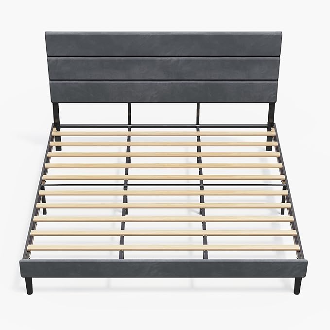 WLIVE King Size Upholstered Bed Frame, Velvet Square Tufted Headboard, Sturdy Metal & Wooden Slats Support, No Box Spring Needed, Light Grey