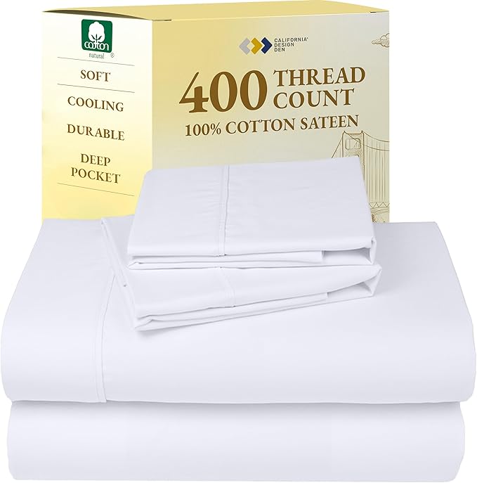 California Design Den California King Sheet Sets - Soft 400 Thread Count, Natural 100% Cotton Sateen, Cooling Sheets, Deep Pockets with All Around Elastic for a Snug Fit, Durable Bedding - White