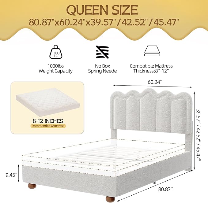 Queen Size Bed Frame with Headboard, Boucle Bed Frame, Soft Upholstered Platform Cloud Bedframe with Footboard, Solid Wood Legs, Solid Wooden Slats Support, No Box Spring Required, Easy Assembly