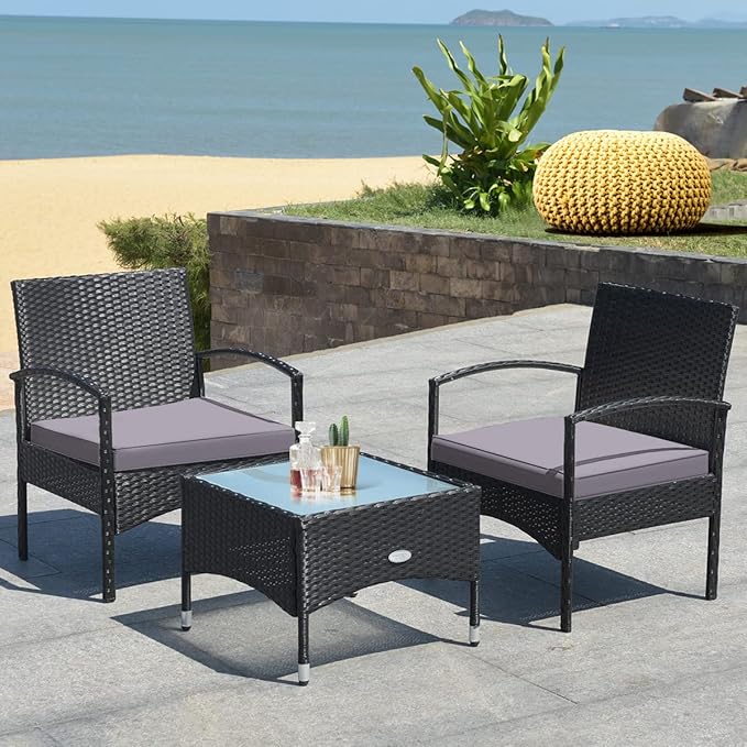 COSTWAY 3 PCS Patio Wicker Conversation Set, PE Rattan Sofa with Tempered Glass Coffee Table, 2 Chairs, 2 Cushions, Outdoor Patio Furniture Set for Yard Porch Bistro Balcony Backyard Pool, Grey
