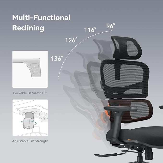 Newtral Ergonomic Office Chair with Fully Adaptive Lumbar Support, 136°Tilt Function, Computer Desk Chair with Soft 4D Armrest, Adjustable Headrest (Upgrade with Laptop Tray, Black)