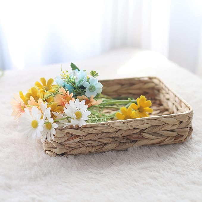 Water Hyacinth Woven Serving Tray Rectangular Hand-Woven Wicker Storage Trays for Coffee/Breakfast/Dessert/Fruit/Bread (Original Color - Large)