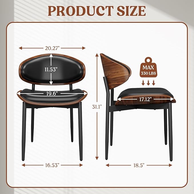Dining Chairs Set of 4, Mid-Century Modern Upholstered PU Leather Chairs with Walnut Bentwood Back and Metal Legs Adjustable Feet for Kitchen Dining Room, Black PU