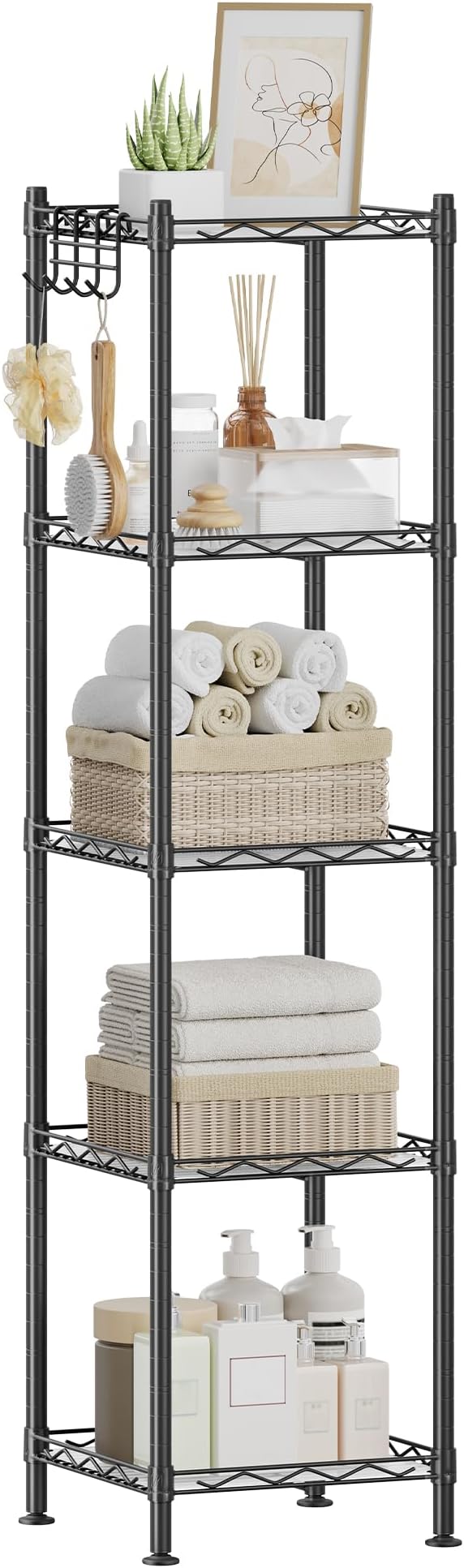 SONGMICS 5-Tier Bathroom Shelf, Storage Rack for Small Space, with 5 PP Shelf Liners, Removable Hook, Extendable Design, Ink Black and Translucent ULGR23BK