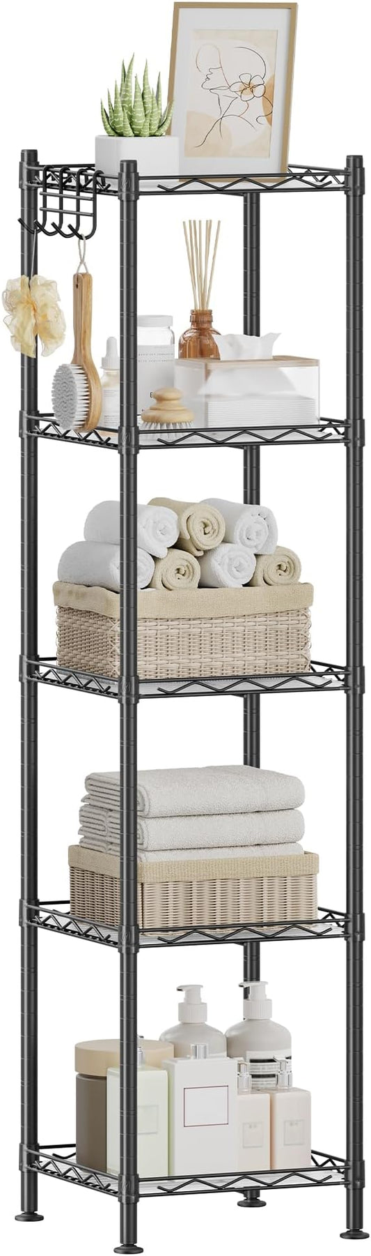 SONGMICS 5-Tier Bathroom Shelf, Storage Rack for Small Space, with 5 PP Shelf Liners, Removable Hook, Extendable Design, Ink Black and Translucent ULGR23BK