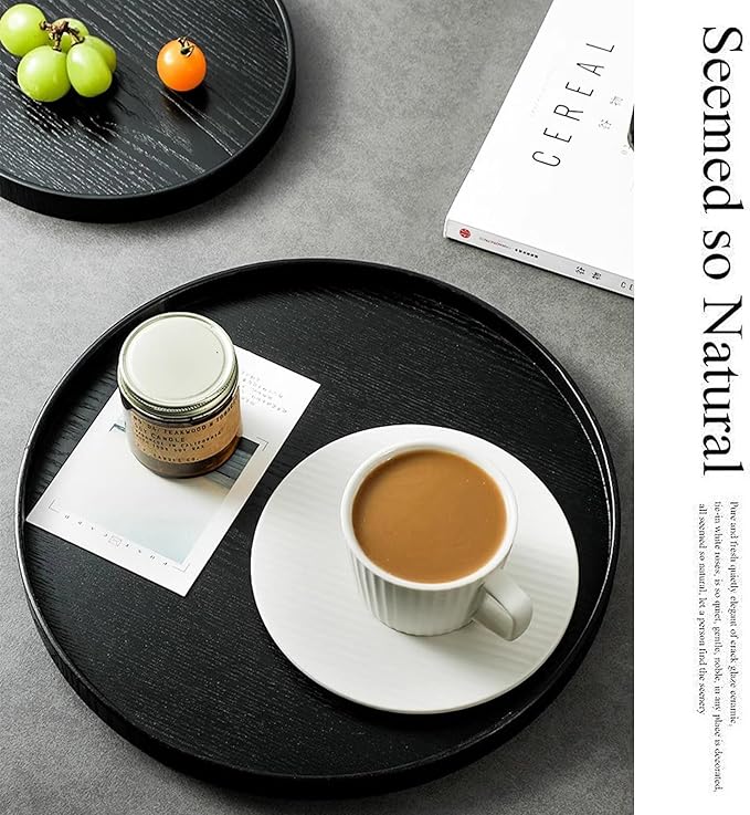 River Round Wood Serving Tray, Solid Wooden Decorative Tray Non-Slip Tea Coffee Table Tray Snack Plate Food Meals Serving Tray with Raised Edges for Home Decor Kitchen Restaurant(11.8inch/30cm, Black)