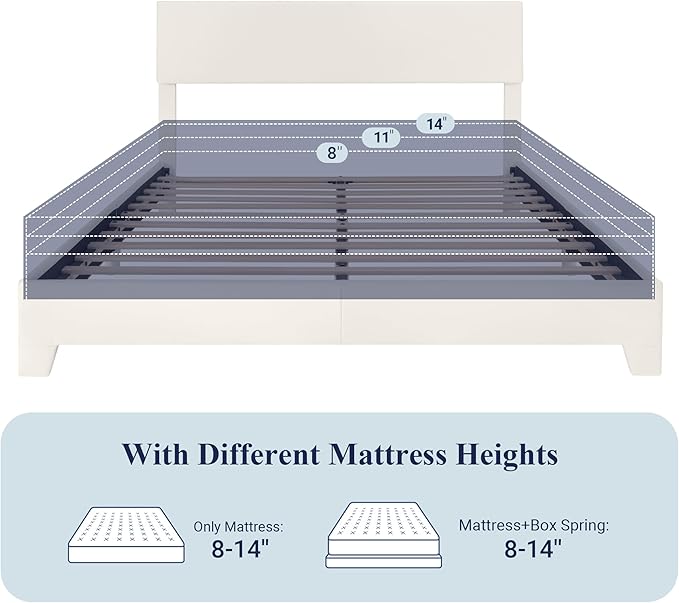 Allewie Queen Size Bed Frame with Adjustable Headboard, Faux Leather Platform Bed with Wood Slats, Heavy Duty Mattress Foundation, No Box Spring Needed, Noise-Free, Easy Assembly, White
