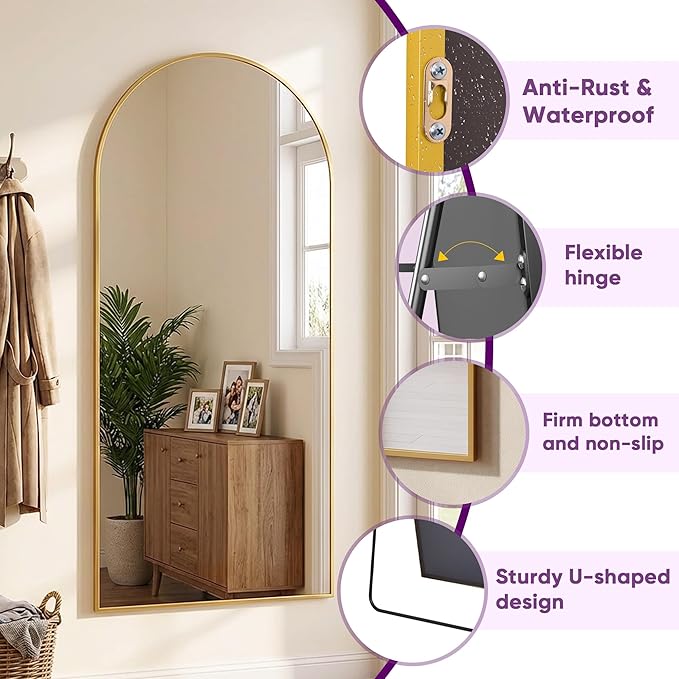 Full Length Mirror, 71"x32" Arched Floor Mirror Freestanding, Oversized Floor Standing Full Body Mirror with Stand for Bedroom, Hanging Mounted for Living Room Cloakroom, Gold