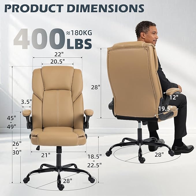 Office Chair - Executive Leather High Back Office Desk Chair with Rocking Function - Ergonomic Breathable Comfortable Wide Swivel Rolling Gaming Computer Chair with Flip-up Armrests & Lumbar Support