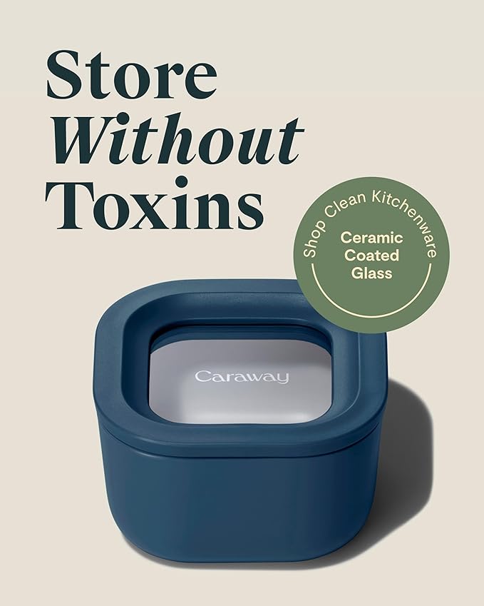 Caraway 2pc Glass Food Storage Set - 1.75 Cup Food Containers (2) - Non-Toxic Ceramic-Coated Glass - Air Release Technology - Compact & Stackable Design - Navy