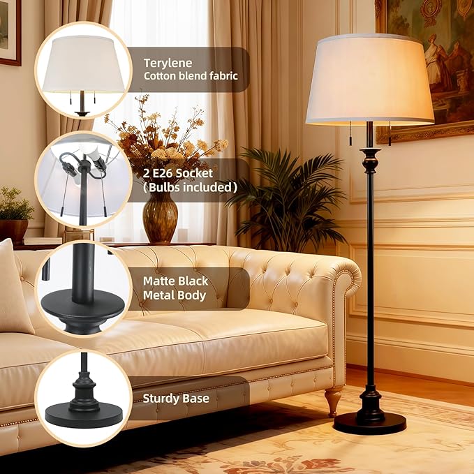 Standing Lamp, Living Room Lamp with Remote, Dimmable Floor Lamp with APP Control, 3 Color Temperatures, Stepless dimming, Farmhouse Floor Lamps for Bedroom, 2 Bulbs(Included)