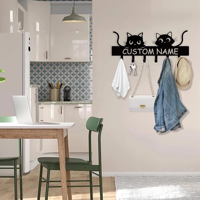 Personalized Metal Key Holder for Wall, Cat Key Holder Wall Mount, Custom Name Cat Coat Key Rack with Hook, Key Hanger Gifts for Cat Lovers, Cute Key Holder Organizer for Entryway Bedroom Decor