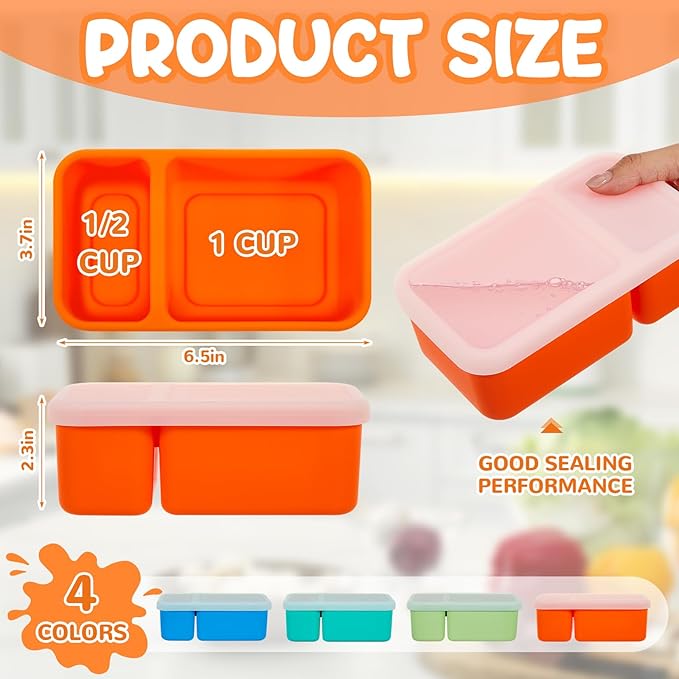 Roshtia 4 Pack Silicone Food Containers with Lids, Reusable Packs Bento Lunch Box for Meal Prep Food Storage, Microwave Dishwasher Safe(2 Compartment,Light)