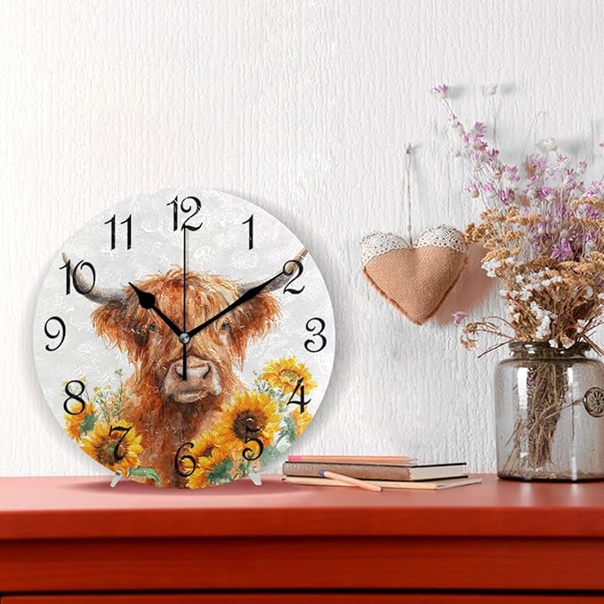 Wall Clock Yak and Sunflower Oil Painting Silent Non-Ticking Decorative Round Wall Clocks Battery Operated for Office Home Living Room Kitchen Bedroom 10 Inch