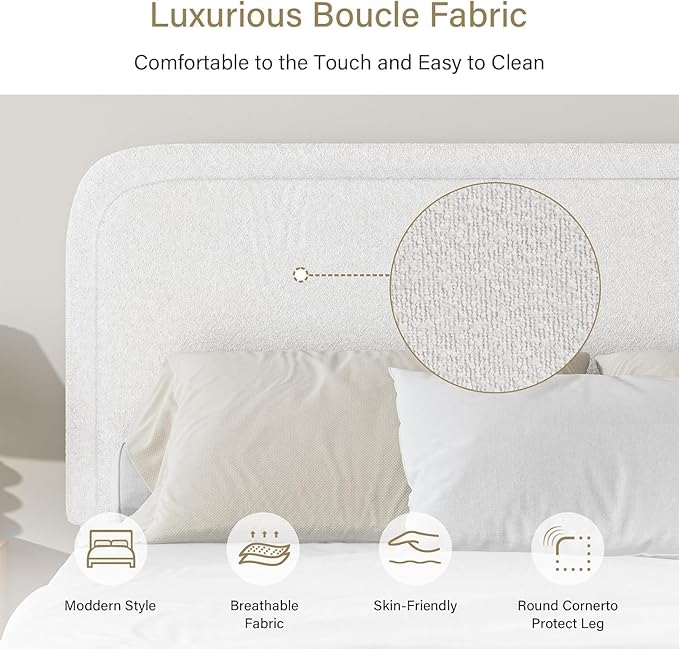 BarnFurin Twin Bed Frames with Headboard,Cloud Boucle Upholstered Platform Bed, Modern Style, Soft Rounded Corners, No Box Spring Needed, Easy Assembly, White