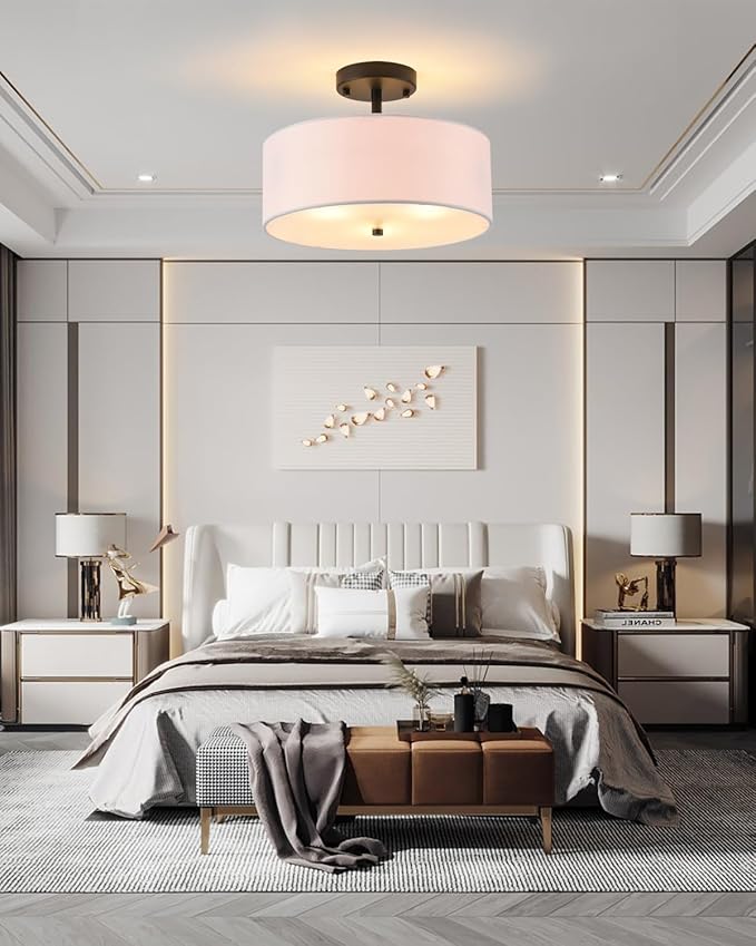 12.6" Semi Flush Mount Ceiling Light Fixture, 3-Light Black Drum Flush Mount Light Fixtures with White Fabric Shade, Modern Close to Ceiling Lights for Living Room Bedroom Hallway Entryway Foyer