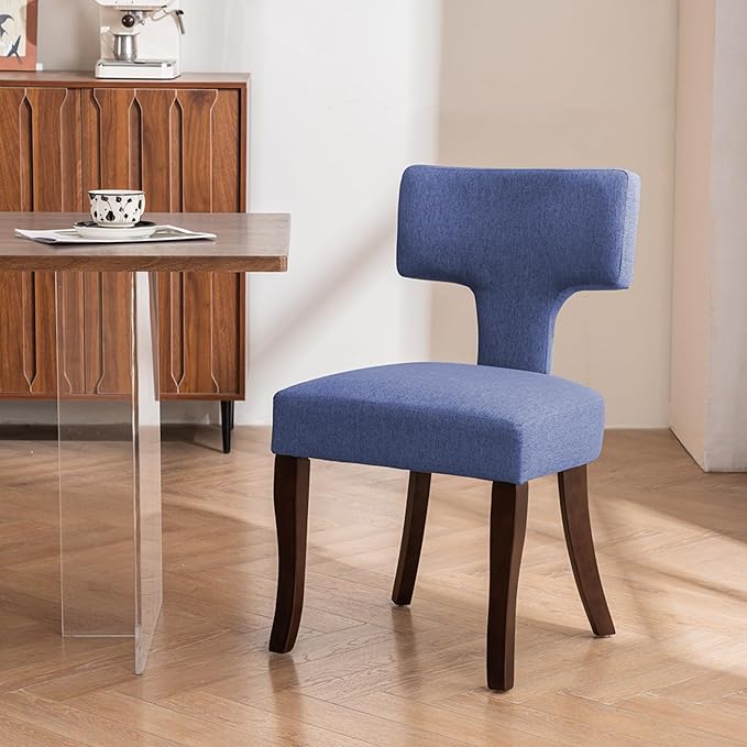 Mid Century Modern Dining Chairs Set of 4, Upholstered Side Dining Chairs with Curved Back Linen Fabric Armless Wood Chairs Kitchen & Dining Room Farmhouse Chairs (Blue)